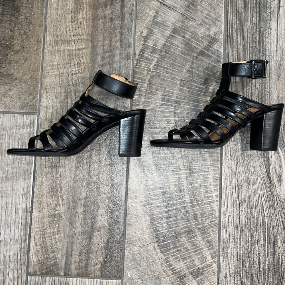 Vionic black Sami  leather ankle strap caged 3.5” block sturdy heels